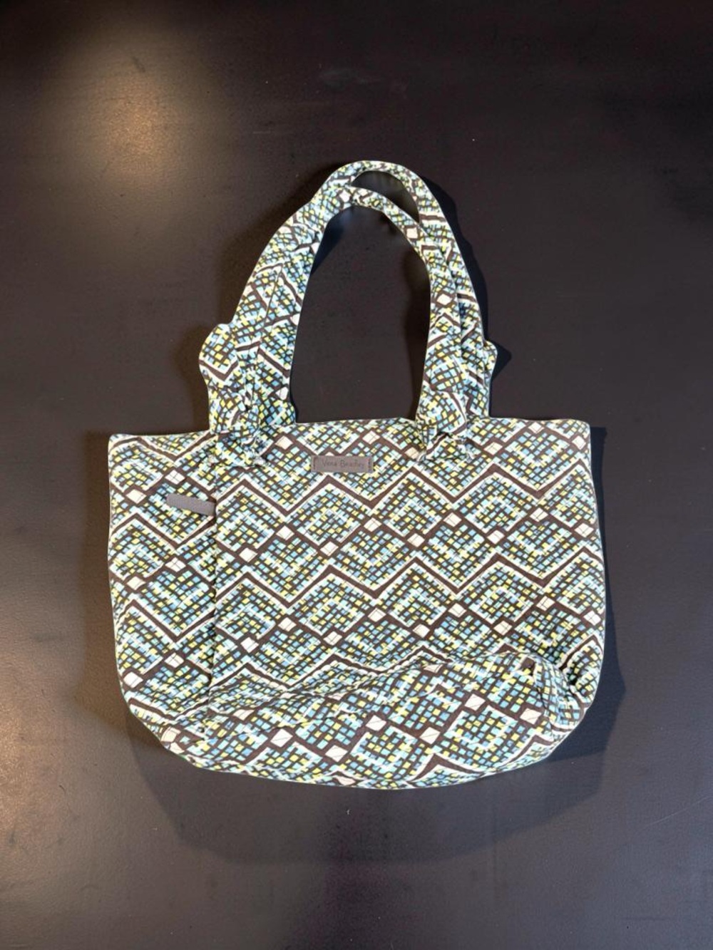 Patterned Quilted Tote Bag in Aqua and Brown